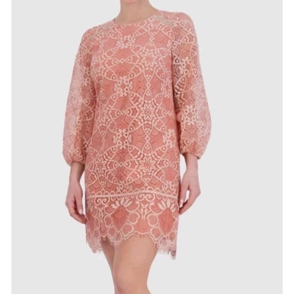 Vince Camuto Lace Shift Dress Size 8 Pink Blush Long Sleeve Boho Chic #G54